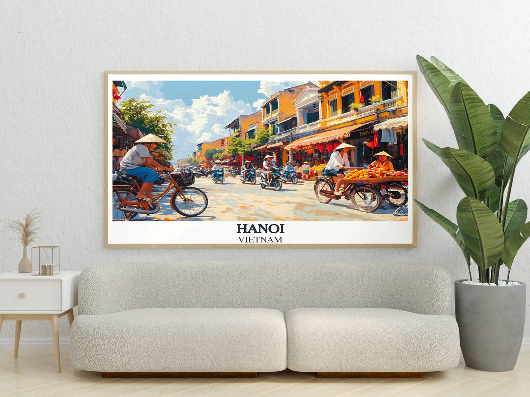 Detailed art piece capturing a quiet moment beside an ancient temple in the bustling streets of Hanoi, Vietnam.