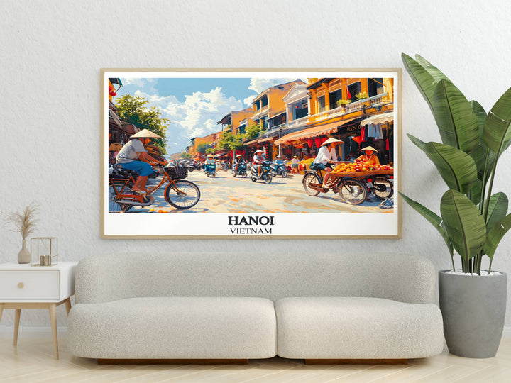 Detailed art piece capturing a quiet moment beside an ancient temple in the bustling streets of Hanoi, Vietnam.