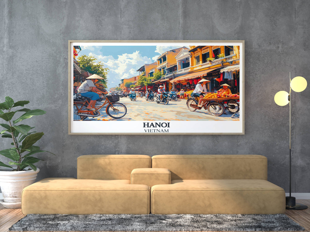 Artistic depiction of the dynamic urban landscape of Hanoi, reflecting the chaos and tranquility of Vietnam's capital.