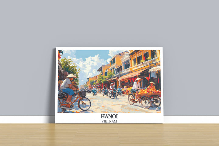 Abstract impression of Hanoi street life, blending colors and shapes to reflect the vibrant spirit of Vietnams capital.