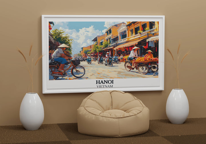 Vibrant travel poster of Hanoi, offering a window to the soulful streets of the Old Quarter and its rich cultural tapestry.