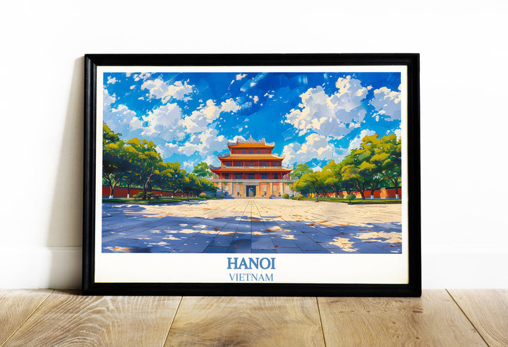 Travel poster capturing the Imperial Citadel of Thang Long with vibrant colors, showcasing Hanois rich history and architectural beauty.