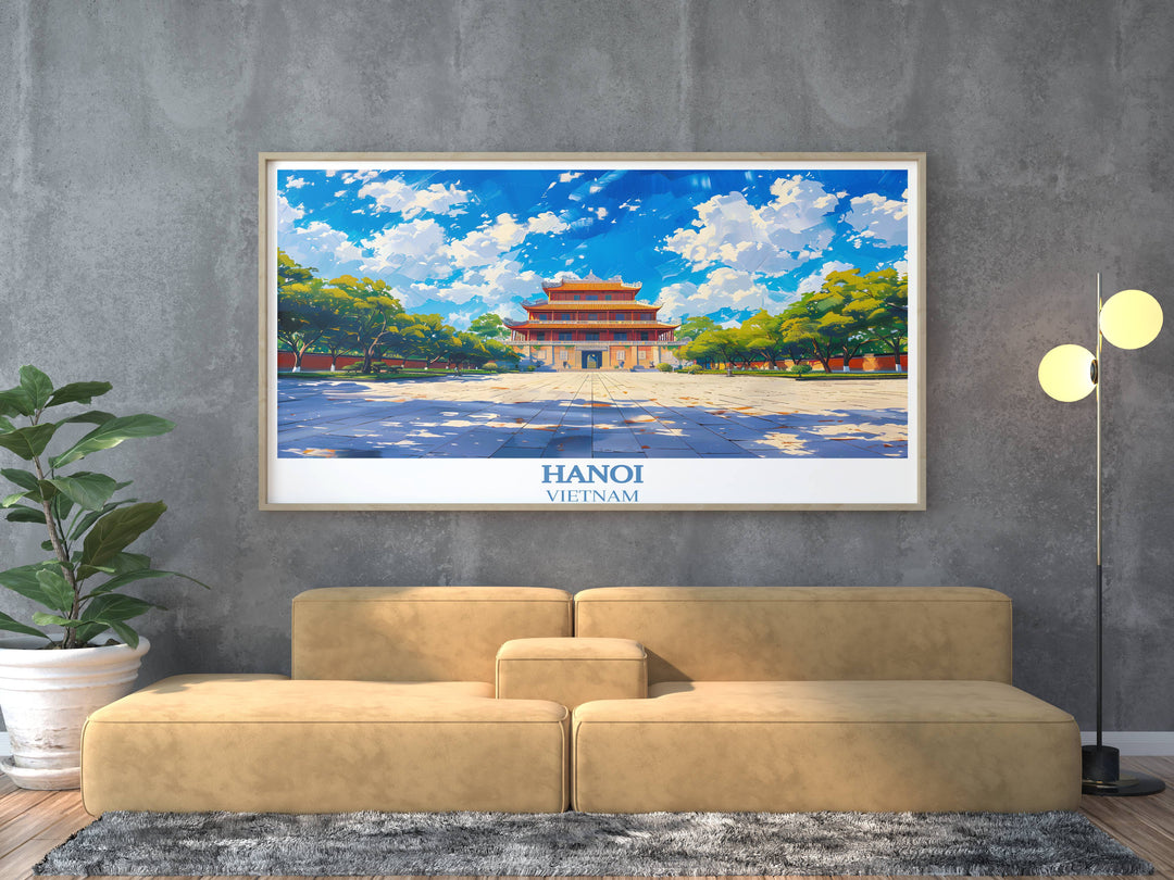 Asian art print of Hanoi, emphasizing the harmonious blend of culture and architecture in Vietnam’s bustling capital city.