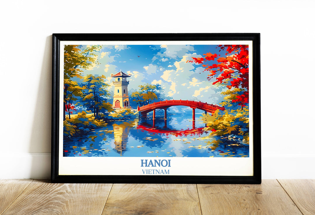 A digital Hanoi poster capturing Turtle Tower beside Hoàn Kiếm Lake, ideal for those who appreciate Vietnam travel and Asian wall art.