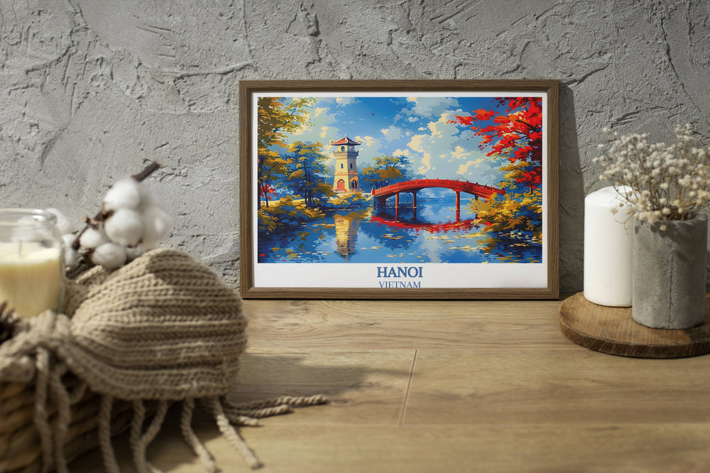 Turtle Tower stands majestically in this Hanoi art print, a testament to Vietnams rich history and culture, perfect for travel enthusiasts.