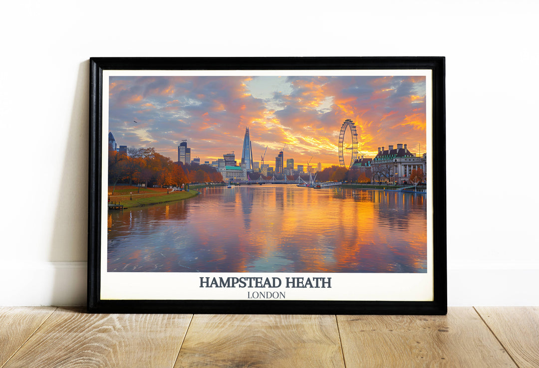 Panoramic landscape print of Hampstead Heath capturing the serene beauty of Londons natural scenery, ideal for elegant home decor.