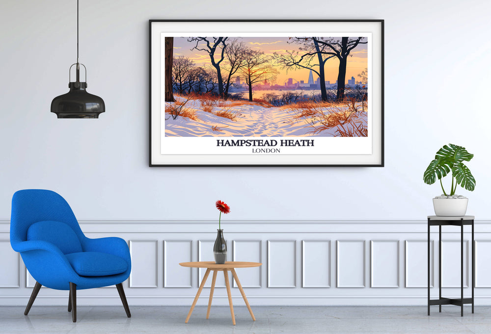 Tranquil dawn over Hampstead Heath, capturing the soft morning light and quiet beauty of the park, perfect for a serene bedroom setting.