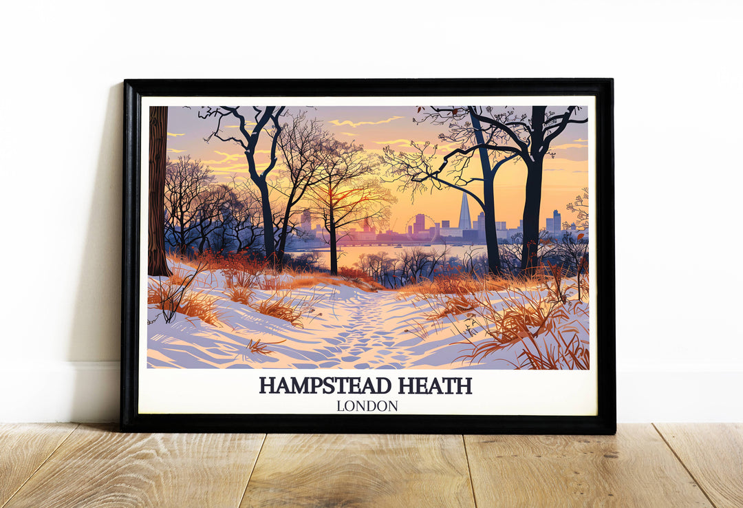 Vibrant print showcasing Hampstead Heath with London skyline in the backdrop, perfect for adding a touch of natural beauty to your home decor.