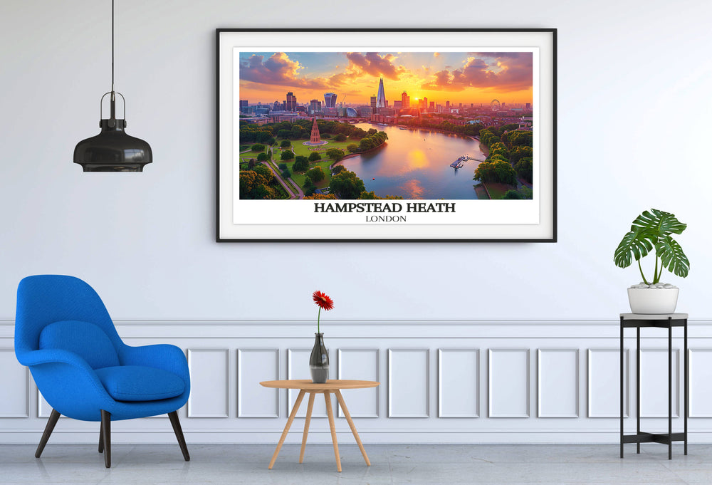 Sunrise over Hampstead Heath, a print that captures the early morning light and mist, adding a tranquil start to any day in your home.