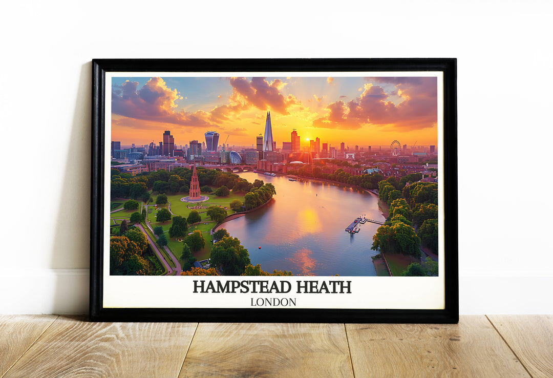 Vibrant art print capturing the lush landscapes of Hampstead Heath, ideal for bringing the essence of Londons greenery into your home.
