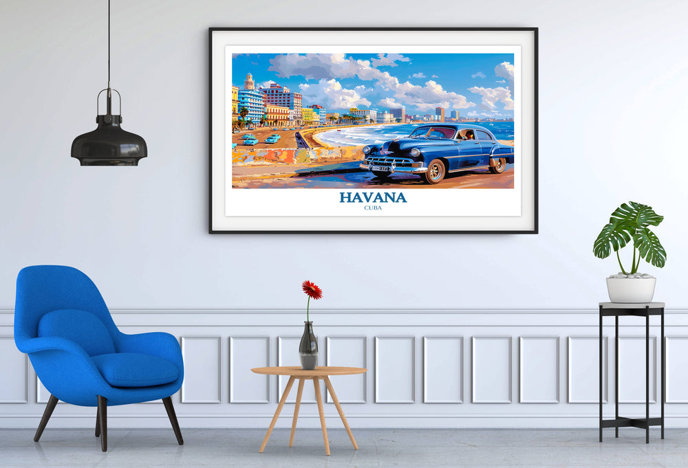A Havana travel poster capturing the vibrant essence of the Malecón at sunset, with hues of orange and pink lighting up the sky and the silhouette of the promenade against the Caribbean Sea.