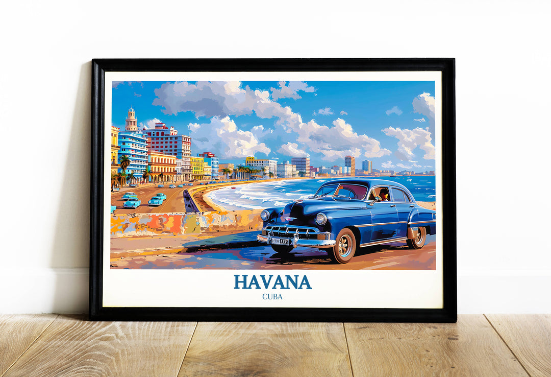 An exclusive art print depicting a lively scene on the Malecón, with locals and tourists alike enjoying the ocean breeze, set against the backdrop of Havana's historic architecture.