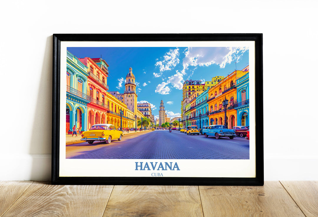 A Havana Cuba print capturing a bustling street scene in Habana Vieja with colorful colonial buildings and lively locals, showcasing the vibrant essence and charm of Old Havana in vivid detail.