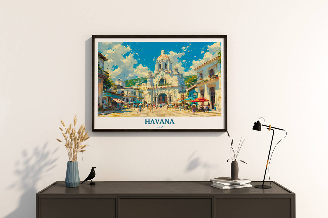 A Havana travel poster featuring a panoramic evening view of Habana Vieja from a rooftop, highlighting the intricate urban landscape and the warm glow of the city lights.