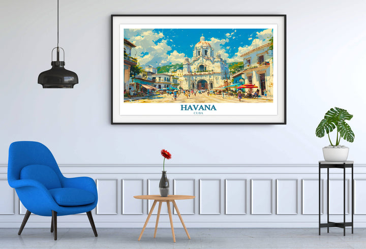 A vibrant Havana artwork piece that portrays the iconic Plaza Vieja, with its colonial architecture and lively atmosphere, serving as a hub of social life in Habana Vieja.