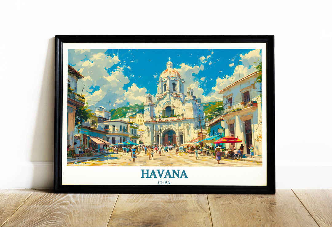 An evocative Havana Cuba print that captures a quiet morning in Habana Vieja, with the sun casting gentle shadows across the pastel-colored facades of historic buildings.