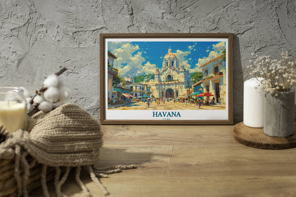 A Havana travel poster offering a vivid sunset view over the Malecón from the perspective of Habana Vieja, where the sea meets the city in a breathtaking display of natural beauty.