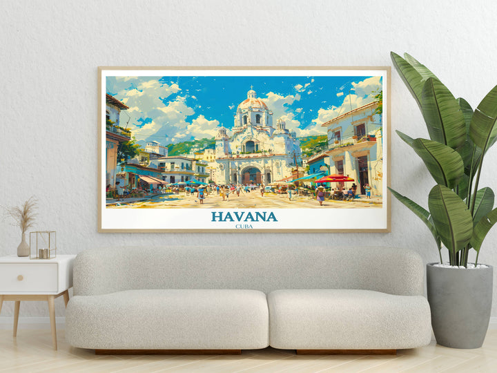 An exclusive art print depicting the lively streets of Habana Vieja, filled with music and dance, showcasing the vibrant cultural tapestry and dynamic energy of Old Havana.