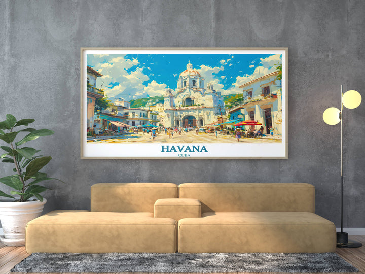 A detailed Havana artwork focusing on the architectural elegance of a Habana Vieja cathedral, highlighting its intricate carvings and the serene atmosphere of its surroundings.