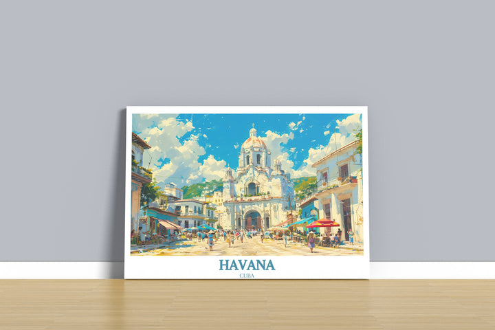 An artistic Havana art print illustrating an intimate alleyway in Habana Vieja, adorned with hanging plants and art, reflecting the personal touches that add to the district's charm.