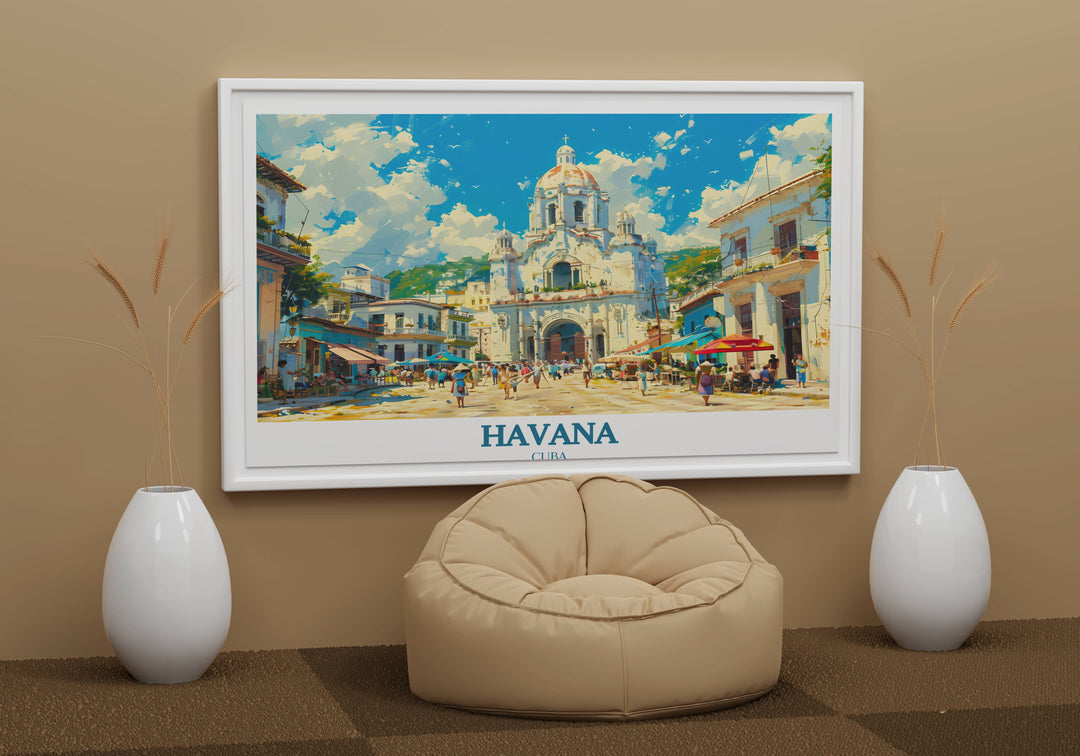 A Havana photo print showcasing a classic car cruising along a cobblestone street in Habana Vieja, symbolizing the timeless allure and historic spirit of Old Havana.