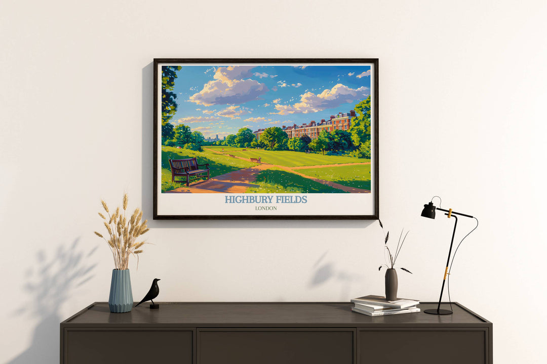 Art print of Highbury Fields showcasing the lush greenery and peaceful atmosphere in a London park setting ideal for home decor