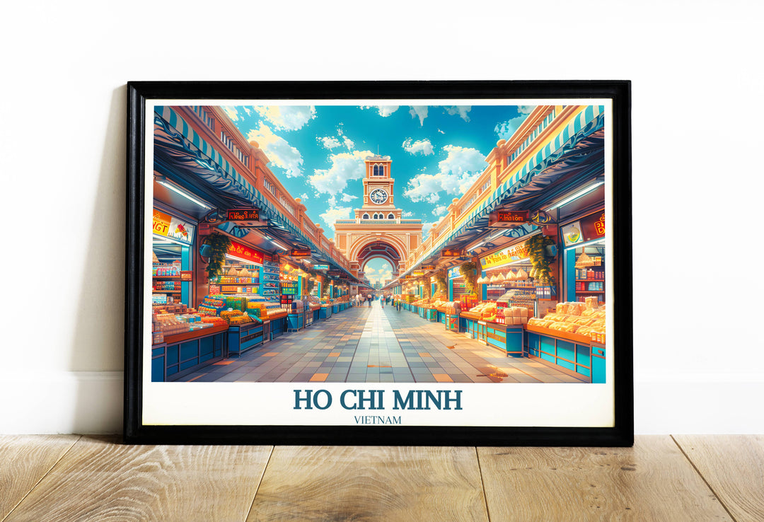 Vibrant travel poster of Ben Thanh Market, showcasing the bustling atmosphere and colorful stalls of this iconic Ho Chi Minh City landmark.