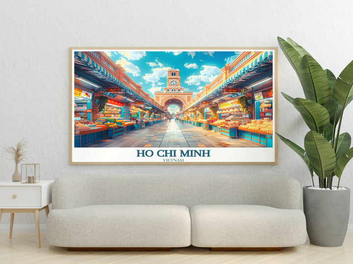 Contemporary Ho Chi Minh City art print, blending traditional Vietnamese elements with modern artistic styles to represent the citys cultural fusion.