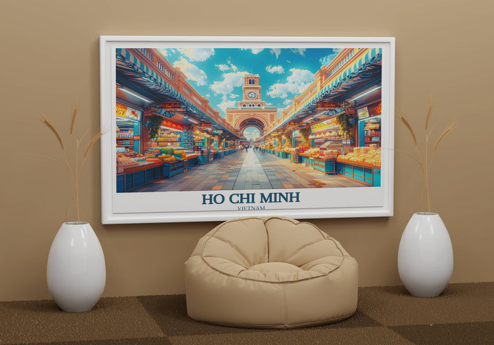 Artistic travel print featuring a map of Ho Chi Minh City, highlighted with key landmarks and cultural icons, perfect for travel enthusiasts.