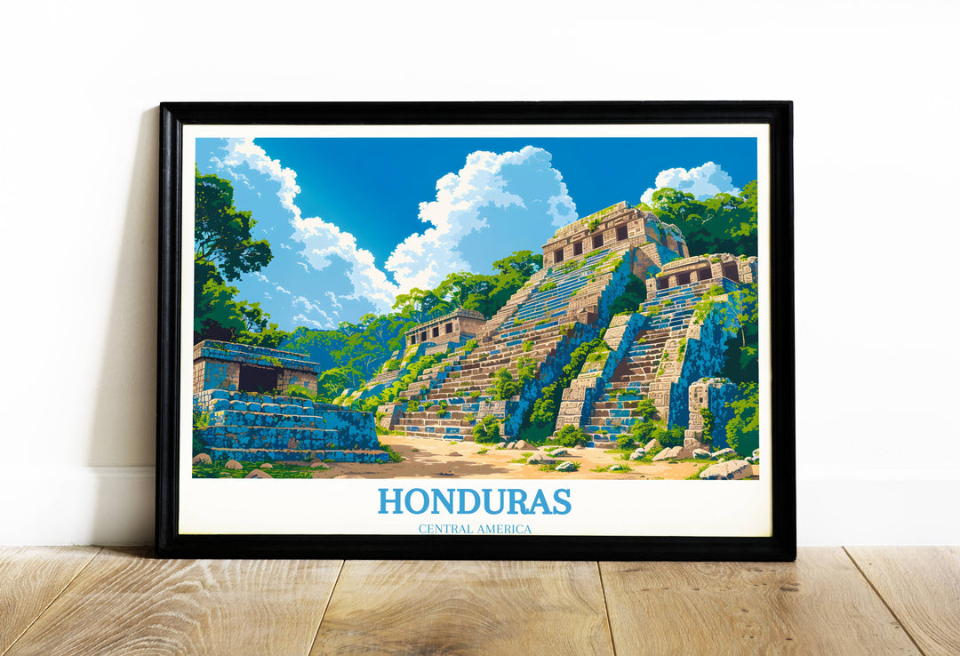 Vibrant Hondura print showcasing the ancient ruins of Copan Ruinas, with intricate Mayan carvings and temple structures.