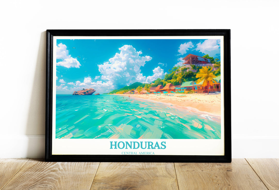 Vibrant art print capturing the crystal-clear waters and lush tropical scenery of Roatan West Bay Beach, ideal for enhancing any room decor.