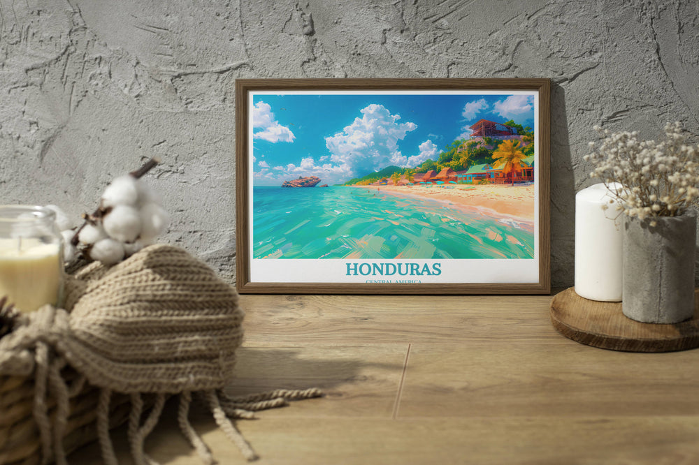 Detailed landscape painting of Honduras, featuring Roatan’s diverse flora and rugged terrain, perfect for nature lovers.