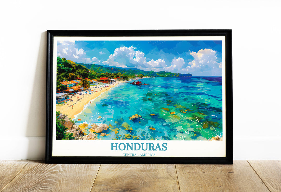 Stunning art print featuring the clear blue waters and vibrant beach life of Roatans West Bay, perfect for seaside decor enthusiasts.