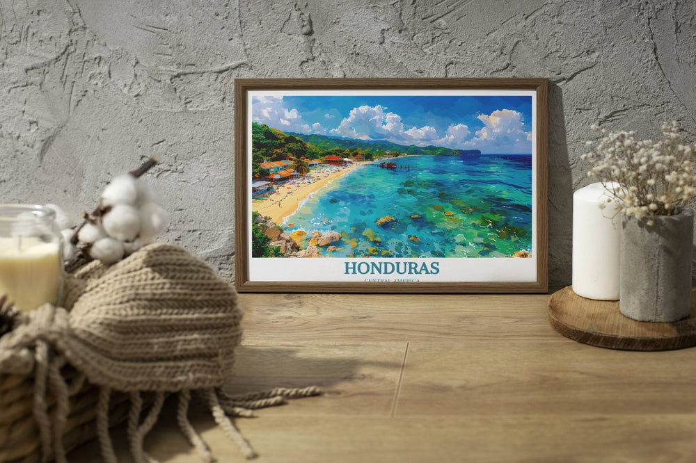 Richly detailed painting depicting the lush, green landscapes of Roatan, offering a window into Honduras natural beauty.