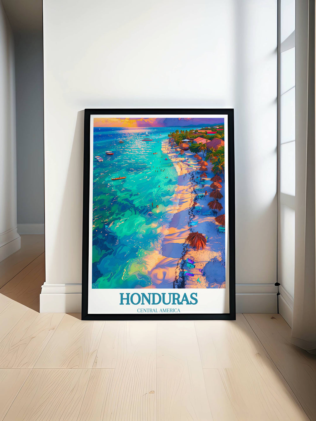 Serene painting of Roatan’s West Bay, showcasing calm waters and a sandy beach framed by lush tropical trees.