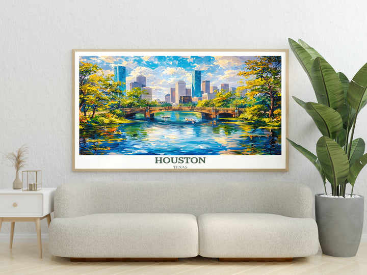 Bright and colorful depiction of Houston at sunset, featuring the sun dipping below the horizon with skyscrapers silhouetted against a fiery sky.