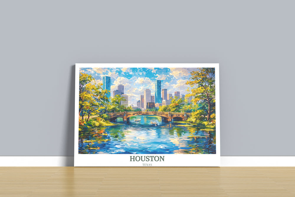 Stylized graphic print of Houston featuring abstract shapes and bold colors to represent major landmarks like the Astrodome and Space Center.