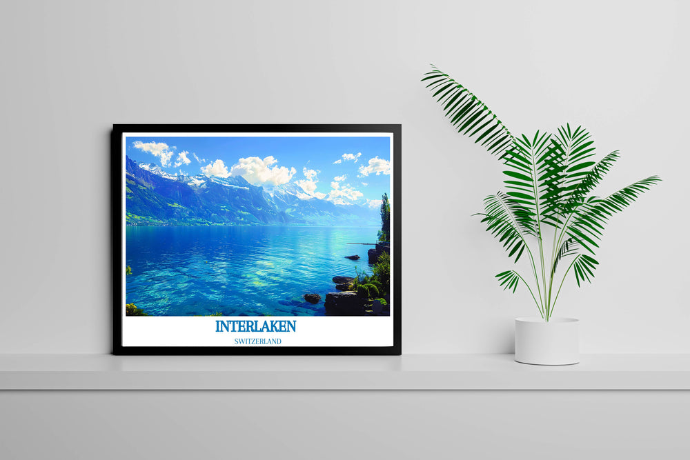 Wall art of Lake Thun depicting its clear waters with the Alps reflected on a serene day suitable for tranquil home settings