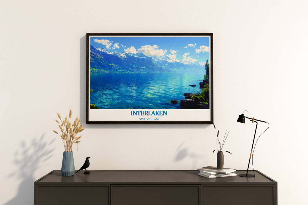 Modern wall art of Interlaken showcasing the vibrant green landscapes and distant Alpine peaks perfect for any room decor