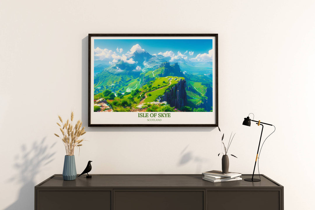 High-quality art print featuring a close-up view of Quiraing’s unique geological formations on the Isle of Skye, showcasing the area’s dramatic beauty and geological diversity.