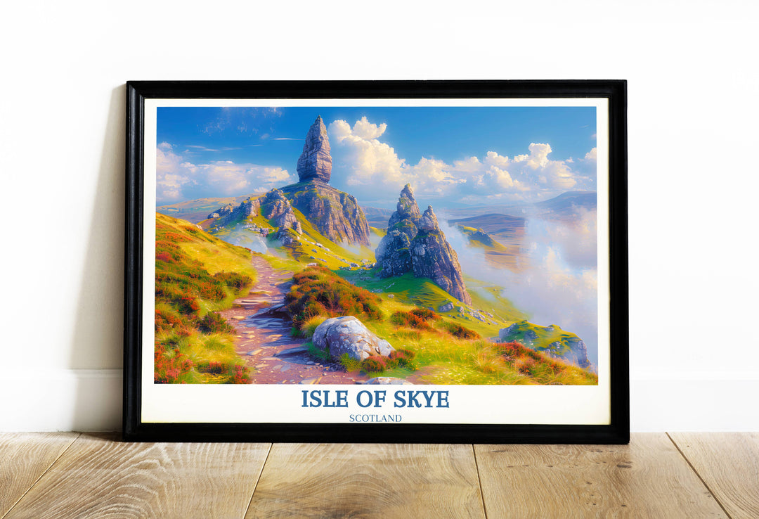 A vibrant print showcasing the dramatic landscapes of The Storr on the Isle of Skye in Scotland features rolling hills and a tranquil sea backdrop, perfect for enhancing any wall decor and makes a thoughtful gift idea.