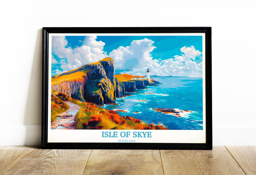 A stunning art print featuring Neist Point Lighthouse on the Isle of Skye, perfect for adding a touch of Scottish coastal beauty to your home decor.