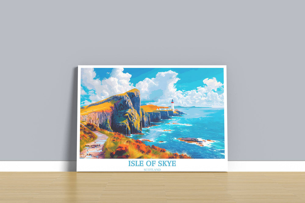 A vibrant poster capturing the dramatic sunset at Neist Point Lighthouse, ideal for enhancing any room with a splash of color and Scottish charm.