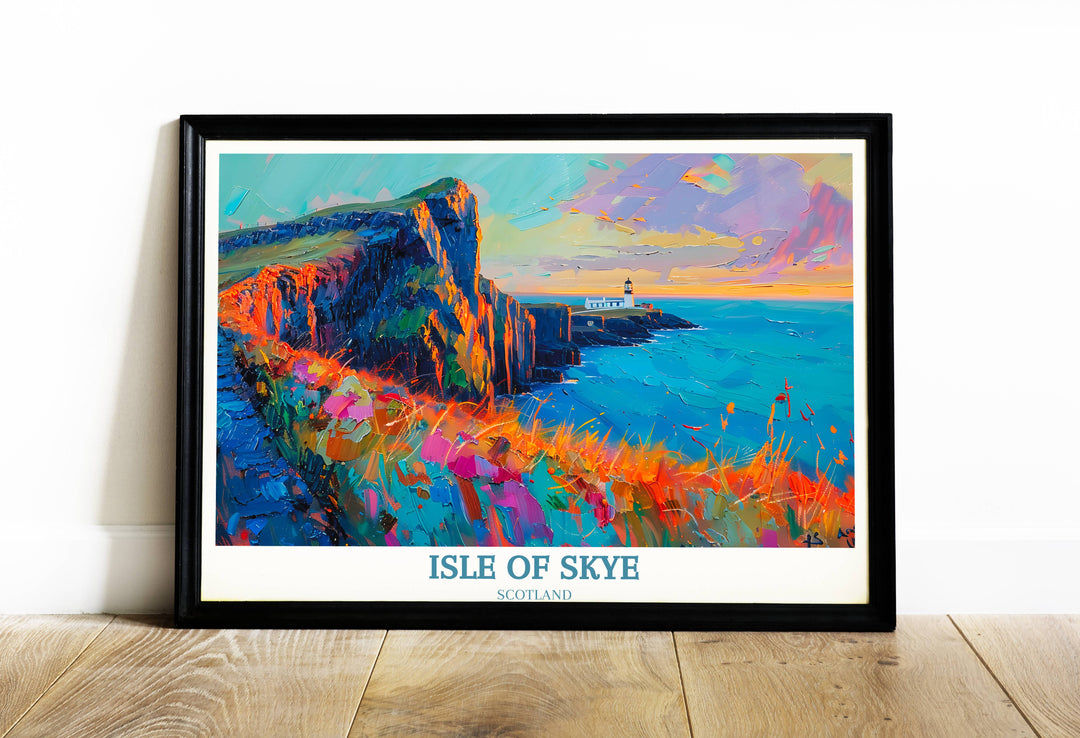 A captivating art print of Neist Point Lighthouse standing against the Isle of Skyes rugged cliffs, ideal for enhancing any coastal-themed decor.
