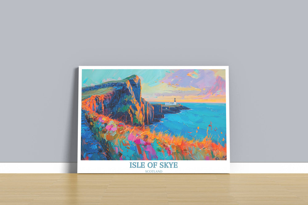A vibrant artwork featuring Neist Point Lighthouse, highlighted by the stormy Scottish sky, adding drama and beauty to any wall art collection.