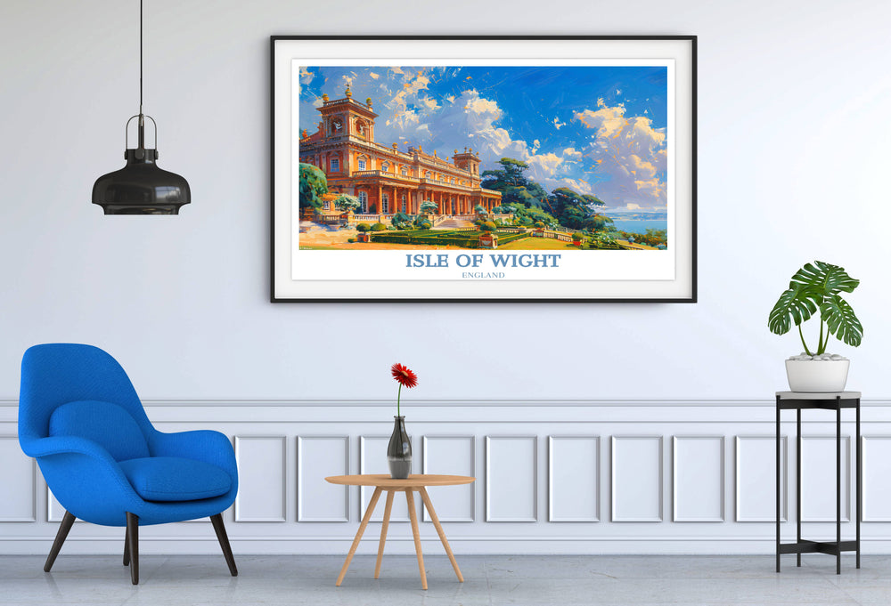 Springtime illustration of Osborne House, highlighting the vibrant colors of flowering gardens against the stately home, perfect for brightening up any space.