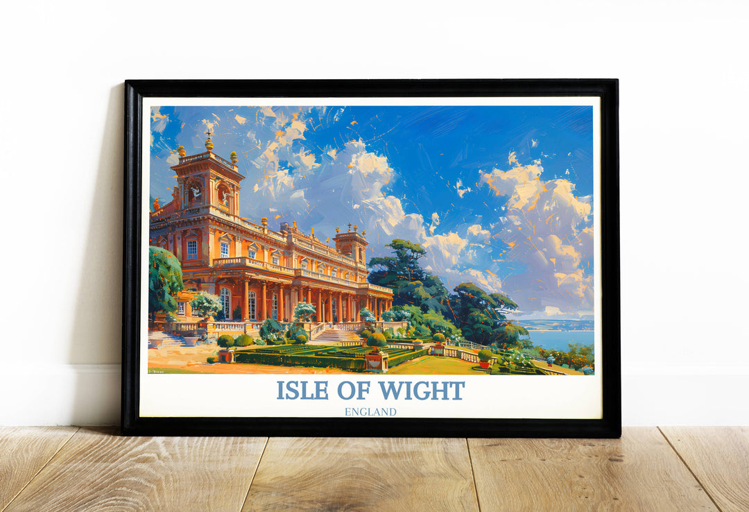 Art print of Osborne House showcasing its grand Victorian architecture and manicured gardens, perfect for adding a historical touch to any room.