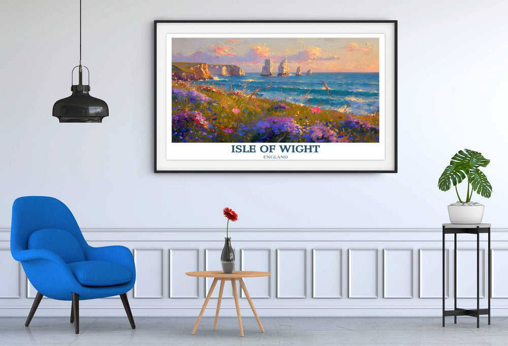 A picturesque Isle of Wight travel print capturing the rugged beauty of the coastline, with the Needles Lighthouse standing sentinel against a backdrop of cliffs and crashing waves.