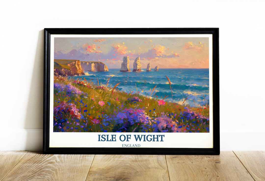 A breathtaking Isle of Wight print featuring the majestic Needles Lighthouse against a backdrop of blue skies and rolling waves, evoking a sense of maritime serenity.