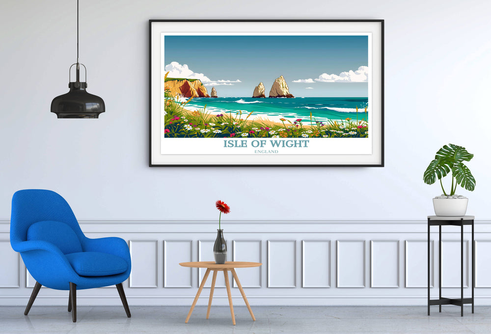 Artistic print showing a panoramic view of the Isle of Wights rugged cliffs and expansive beaches, designed to bring a piece of English natural beauty into your home.